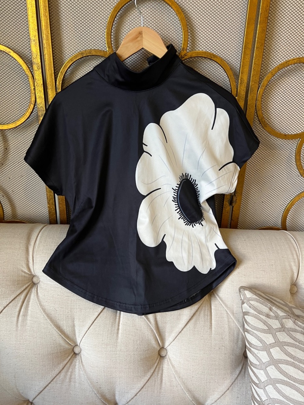 STYLEWE Black Short Sleeve Top with Large White Floral Motif
